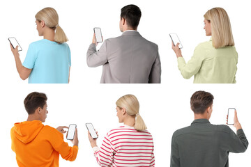 Poster - People using smartphone on white background, set of photos