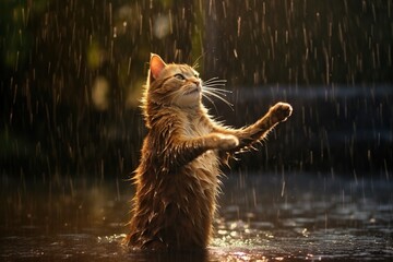 Wall Mural - Cat dancing in the rain, concept of Feline precipitation