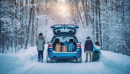 family road trip behind a car , winter snow hill