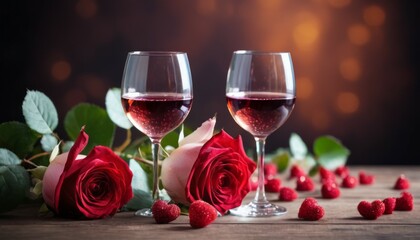 Wall Mural - Composition with two glasses of white wine. Valentine's Day card for February 14th. Background with selective focus