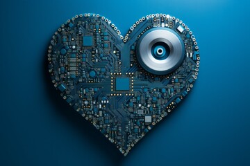 Wall Mural - Computer with heart shaped CPU chip. Background with selective focus and copy space