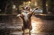 Dog dancing in the rain