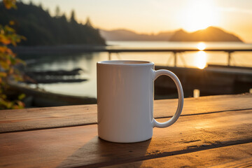 mug mock up of blank white 11oz coffee mug d-handle on left side, mug on a table, spotlight is on mug side facing viewer, background is dawn time ai generative