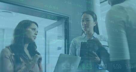 Poster - Animation of financial data processing over diverse colleagues having meeting in office