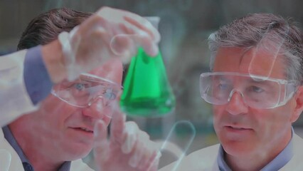 Poster - Animation of virus cells over caucasian male scientists working in lab