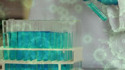 Poster - animation of virus cells over caucasian female scientist working in lab