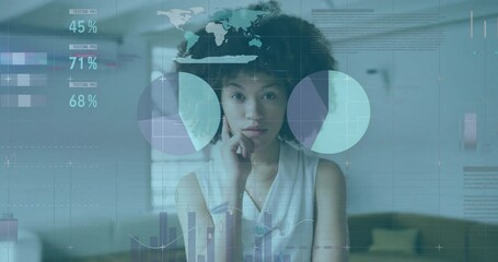 Poster - Animation of financial data processing over biracial businesswoman in office