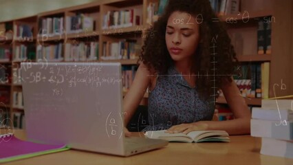 Poster - Animation of mathematical data processing over biracial female student with laptop