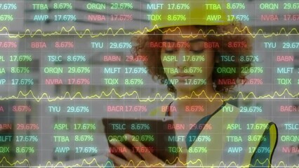 Poster - Animation of financial data processing over biracial woman working in warehouse