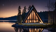 Triangular Modern Lake House In Misty Forest - Night Winter Scene