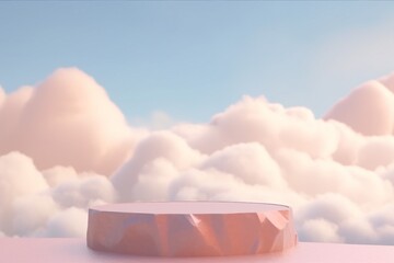 Stone podium tabletop floor in outdoor on sky pink gold pastel soft cloud blurred background.Beauty cosmetic product placement pedestal present promotion stand display. generative ai.