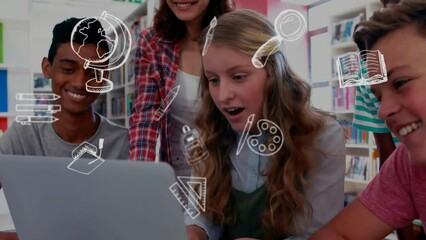 Poster - animation of education school icons over diverse school children in classroom