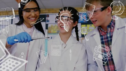 Poster - animation of education school icons over diverse school children in laboratory