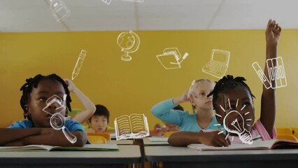 Wall Mural - Animation of education school icons over diverse school children in classroom