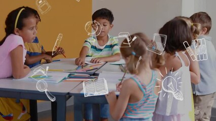 Poster - Animation of education school icons over diverse school children in classroom