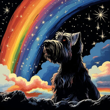 Thoughtful Miniature Schnauzer Considering A Wild Rainbow, With Clouds In The Background.  Delightful Cartoon Drawing.  AI