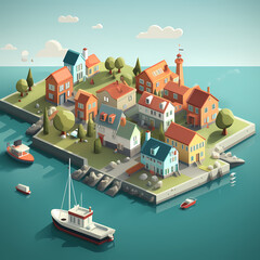 Sticker - a minimalist coastal town with quaint cottages and a harbor