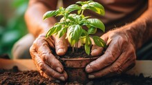  A Pair Of Hands Gently Placing A Basil Seedling Into A Pot Of Rich Soil, With The Focus On The Delicate Plant And The Blurred Garden Backdrop, Symbolizing The Beginning Of Herb Cultivation