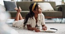 Woman, Thinking And Writing In Journal On Living Room Floor, Inspiration And Agenda With Gen Z Style, Idea And Brainstorm. Young, Indian Person Or Mindfulness By Notepad, Pen And Creative Planning