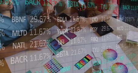 Poster - Animation of stock market over diverse designers having meeting in office