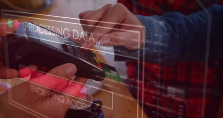 Poster - Animation of data processing over caucasian woman paying with credit card