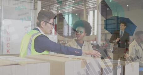 Poster - Animation of financial data processing and caucasian businessman over diverse workers in warehouse