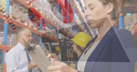 Poster - Animation of financial data processing over diverse workers in warehouse
