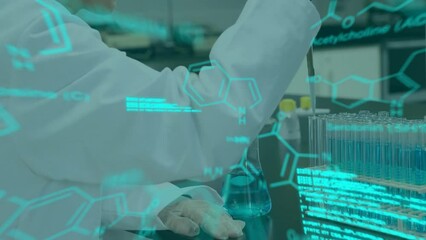 Poster - Animation of data processing with chemical formula over caucasian female scientist working in lab
