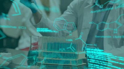 Poster - animation of data processing with chemical formula over caucasian female scientist working in lab