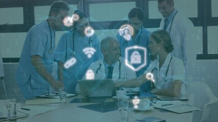 Poster - Animation of icons over diverse male and female doctors in hospital