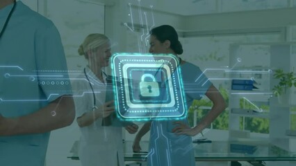 Wall Mural - Animation of padlock icon with computer circuit board over diverse doctors in hospital