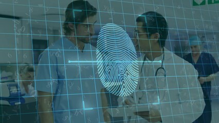 Poster - Animation of data processing with fingerprint over diverse male doctors in hospital