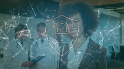 Poster - Animation of padlock icon with network of connections over diverse doctors in hospital