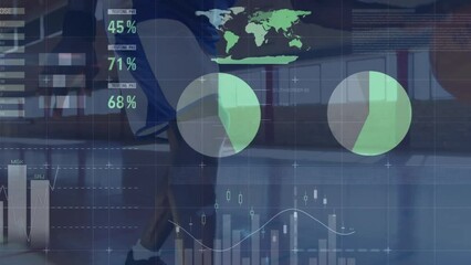 Poster - Animation of financial data processing over biracial african american basketball player