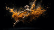 © mualtry002 - A female acrobat jumps like a ballet dancer moving with colorful particles on a black background