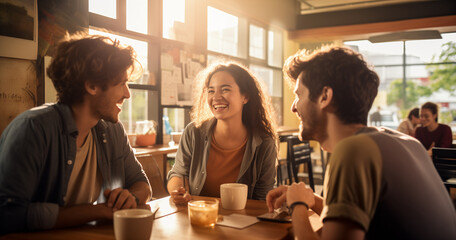 happy group of friend together in lunch room, contemporary diy, friends gathering,restaurant party