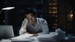 A man in a white shirt is buried in paperwork at his desk, with a look of concern, desk lamp in a dark room, work efficiency, such as project management software, office supplies, workload management