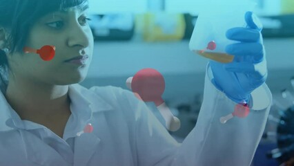 Poster - Animation of chemical molecules over biracial female scientist taking sample in lab