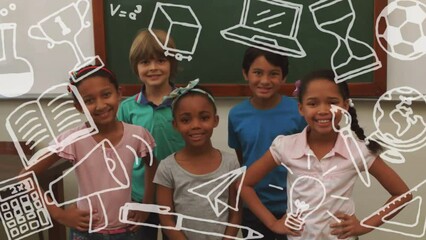 Poster - Animation of school items icons over diverse schoolchildren smiling