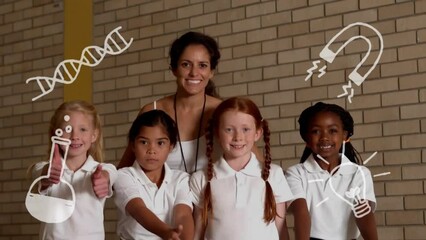 Poster - Animation of school items icons over diverse schoolchildren with female teacher smiling