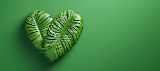 2 leaves are skillfully curled into a perfect heart shape on a green background with a large space for writing