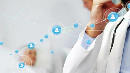 Poster - Animation of network of connections over caucasian male doctor talking on smartphone