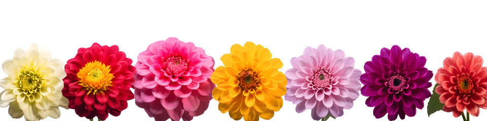 Wall Mural - row of dahlia flowers banner isolated on transparent background - floral design element PNG cutout