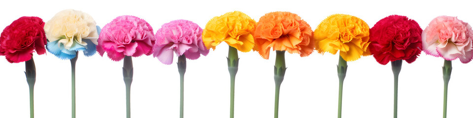 Wall Mural - row of carnation flowers banner isolated on transparent background - floral design element PNG cutout