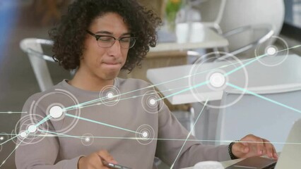 Poster - Animation of network of connections over caucasian man talking on smartphone