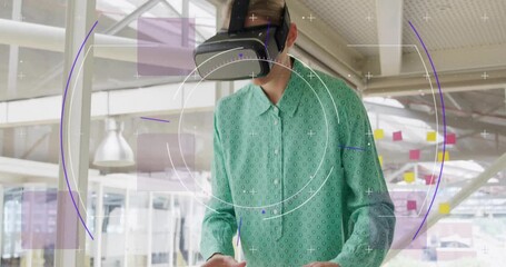 Poster - Animation of scope scanning and data processing over caucasian woman using vr headset