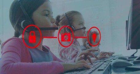 Poster - Animation of media icons over diverse children using phone headsets in office