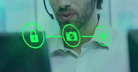 Poster - Animation of media icons over caucasian businessman using phone headset in office