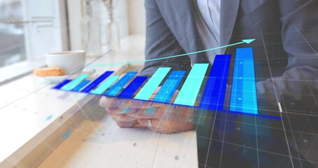 Aufkleber - Animation of blue diagram over biracial businessman using smartphone