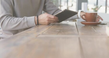 Poster - Animation of fingerprint over caucasian woman using smartphone in cafe